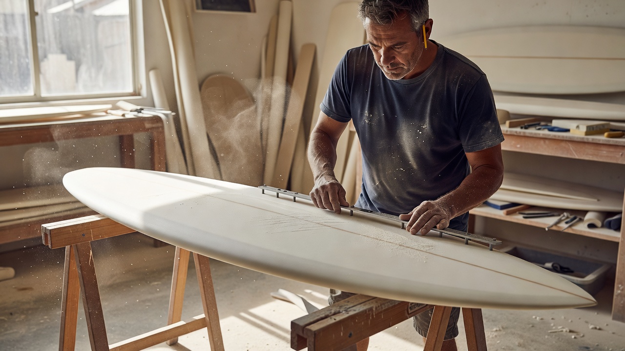 A shaper measuring the rails of a custom polyurethane surfboard