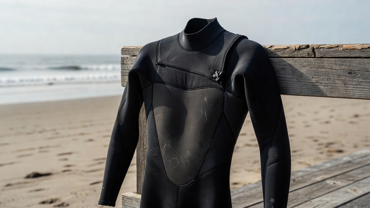 Detail shot of a black neoprene wetsuit hanging over a wooden rail