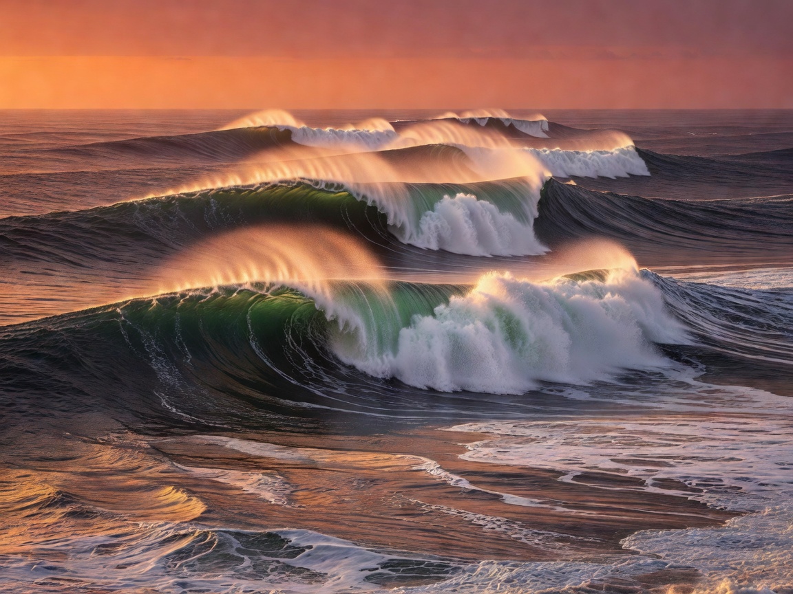 Large offshore waves breaking cleanly during a sunset swell
