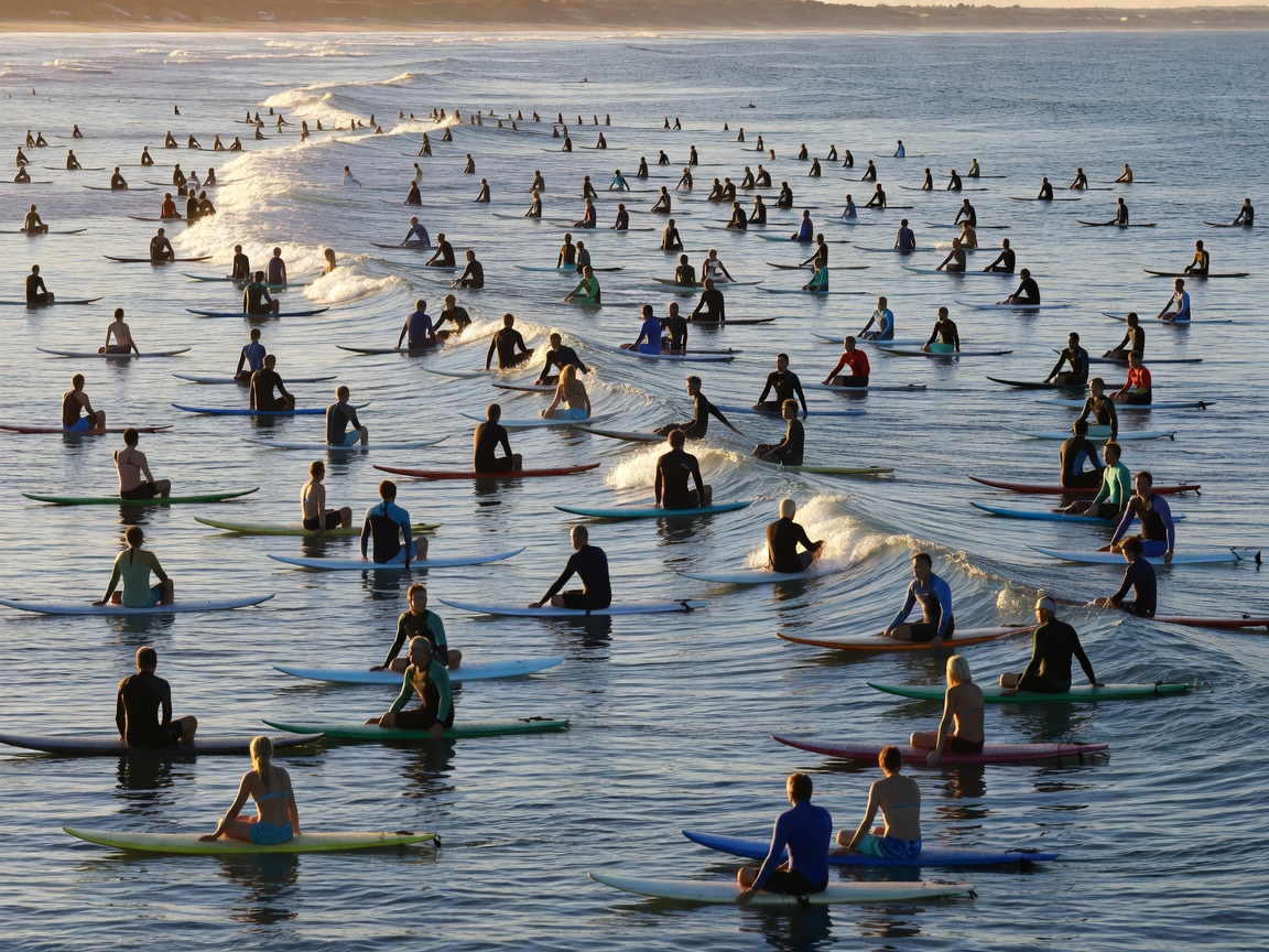 Multiple surfers sitting on their boards in the ocean lineup