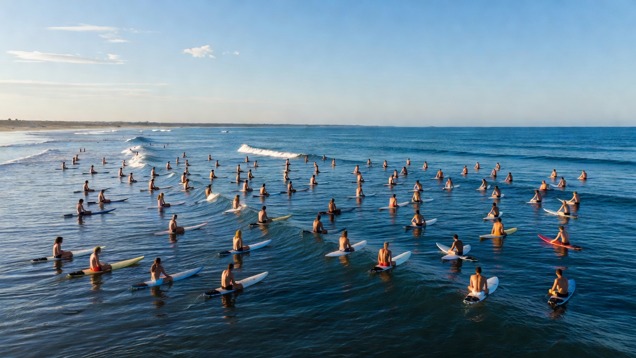 Several surfers sitting on their boards waiting in the ocean lineup