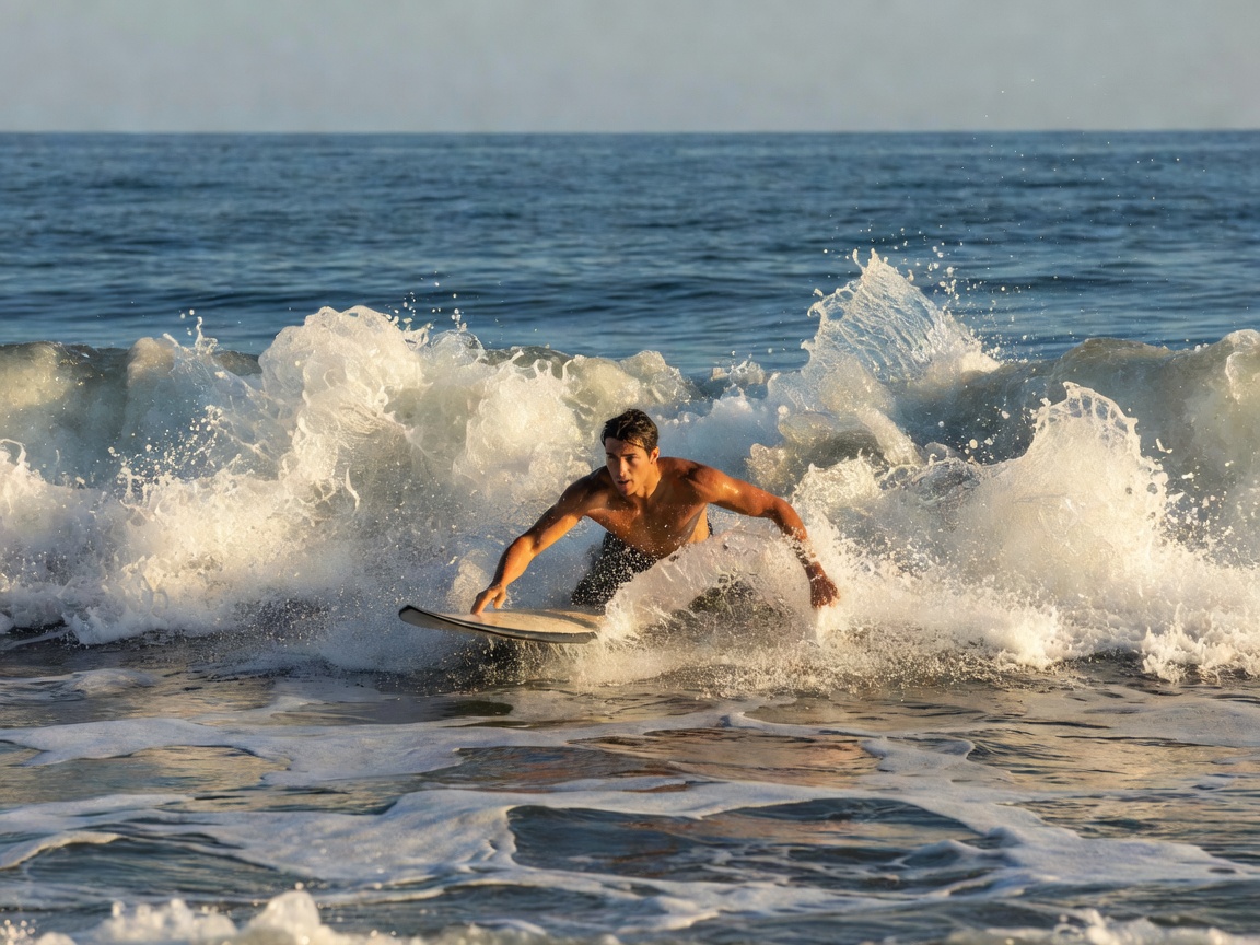 Surfer paddling hard through whitewater towards the open ocean