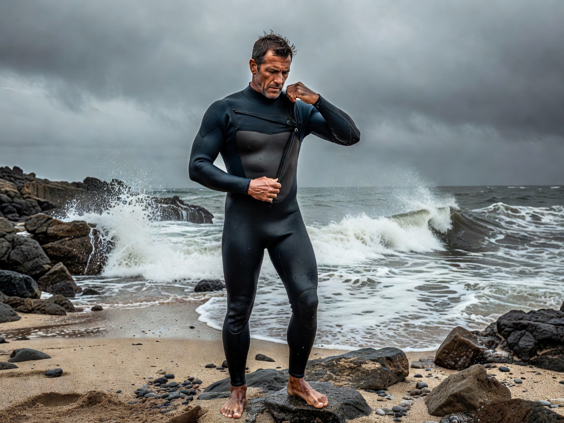 Surfer zipping up a black neoprene wetsuit before entering cold water