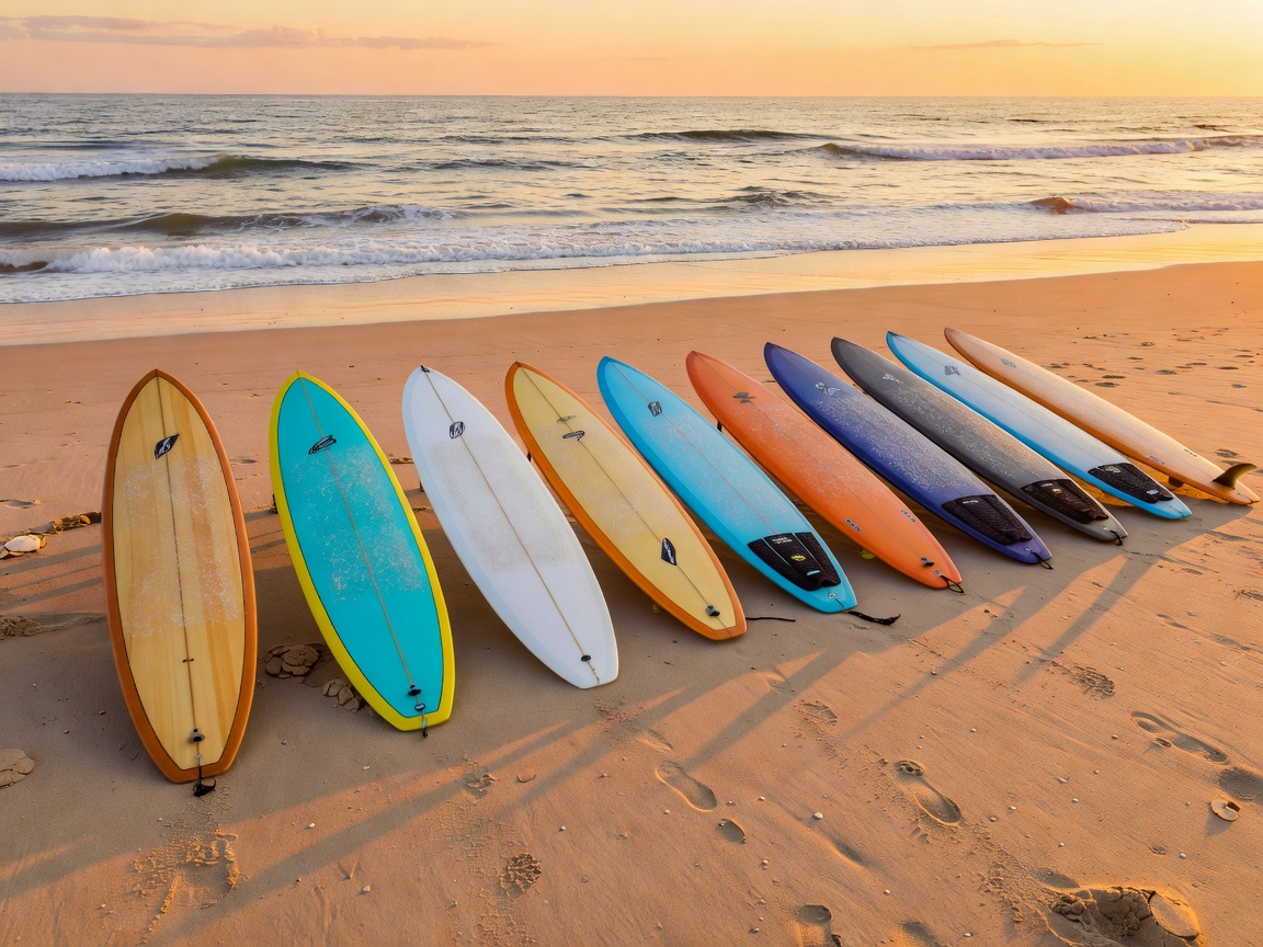 Various surfboards lined up on a sandy beach waiting for the surf
